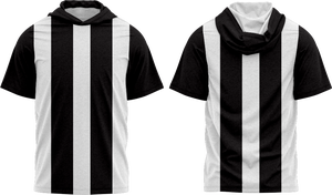 เสื้อยืดมีฮู้ดลายทางสำหรับผู้ชาย ทรงปกติ ผ้าถักลำลอง ลายขาวดำ แขนสั้น - Product Image 1