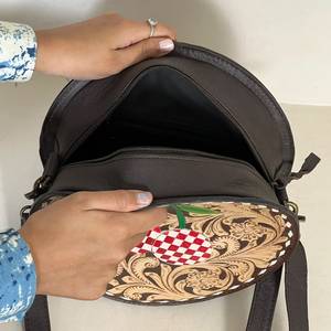 Sacs Ronds de Luxe en Cuir Véritable à Motifs Floraux et Échiquiers, Sacs à Main Élégants pour Femmes, Sacs Bandoulière de Soirée et de Shopping - Product Image 6