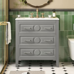 Mobile Bagno Autoportante con Struttura in Legno Massello, Lavabo Singolo da 30 Pollici con 3 Cassetti, Lavabo in Ceramica, Armadietto Contenitore da Bagno da 30 Pollici - Product Image 3