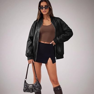 <b>Women</b>’s Oversized Faux Leather Bomber <b>Jacket</b>, Loose-Fit <b>Zip</b>-<b>Up</b> <b>Jacket</b>, Casual Fall Fashion Outerwear for Everyday Wear - Product Image 5
