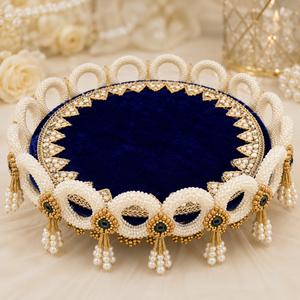 Handmade Royal Blue Velvet <b>Wedding</b> Ring Platter Pearl Beaded Decorative Engagement Tray for Bridal Ceremony Decor - Product Image 6