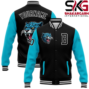 Chaqueta Bomber Varsity Personalizada con Nombre y Letra para Hombre, Estilo Equipo de Fútbol, Cuello Alto, Invierno, Color Negro y Azul, Logotipo Frontal - Product Image 1