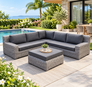 Conjunto de Sofá de Mimbre en Forma de L para Jardín, Resistente al Agua, con Cojines y Otomana, Muebles Seccionales Modernos para Patio, Villa, Resort, Hotel - Product Image 2