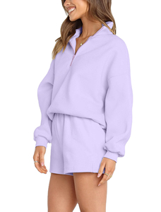 Conjunto de Sudadera y Pantalones Cortos Oversize para Mujer, de Corte Holgado, Manga Larga, Cuello Redondo, Color Liso, Largo por Encima de la Rodilla - Product Image 5