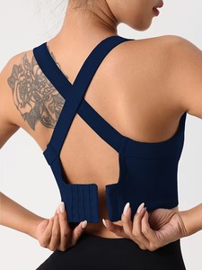 Women's Seamless <b>Cross</b> Back Sports Bra | Crisscross Strap Workout Crop <b>Top</b> | Nylon Spandex Padded Gym Fitness Activewear - Product Image 5