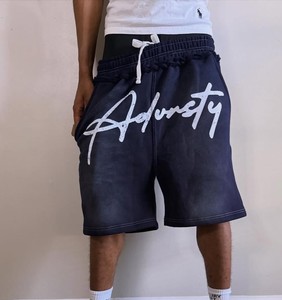 Shorts de survêtement tendance pour hommes grandes tailles, en molleton bouclette, délavé à l'acide, imprimé en relief, bords bruts, cordon de serrage, effet vintage - Product Image 6