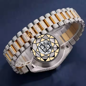 Reloj de Cuarzo de Lujo para Hombre con Diamantes de Laboratorio, Esfera Redonda Analógica, Cristal de Zafiro, Cierre Desplegable, Acero Inoxidable, Estilo Hip Hop - Product Image 4