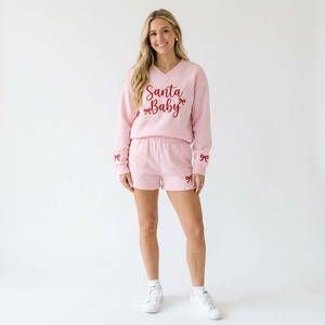 <b>Women's</b> Cream V Neck Fleece <b>Sweatshirt</b> and Shorts Set <b>Christmas</b> Embroidered 2 Piece Lounge Outfit - Product Image 5