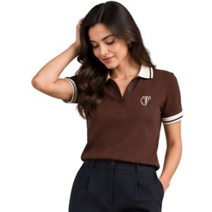 Polo à manches courtes avec bordure contrastée marron et pantalon plissé noir à jambes larges, tenue décontractée élégante pour femmes - Product Image 3