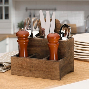 Organizador de Cubiertos de Madera con Asa Metálica, Porta Utensilios Multicompartimentos, Cesta de Almacenamiento Rústica para Cubiertos de Cocina - Product Image 3