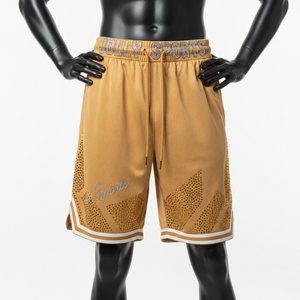 Short de basketball en molleton de coton 320 GSM de qualité supérieure, couleur moutarde, avec logo personnalisé par transfert thermique et strass - Product Image 6