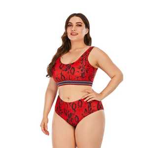 <b>Red</b> Leopard Print Two Piece Bikini Set Scoop Neck High Waist Plus Size Spandex Polyester <b>Crop</b> <b>Top</b> With Contrast Binding - Product Image 1