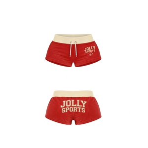 Shorts en molleton français coton-polyester pour femme, gris beige, ceinture contrastante, impression en relief, logo personnalisé. - Product Image 5