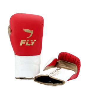 ถุงมือชกมวย MMA แบบผูกเชือก Fly Premium พร้อมที่จับมือแบบกำหนดเอง สีแดง ขาว และทอง ถุงมือฝึกซ้อมหนังแท้ระดับมืออาชีพ - Product Image 1