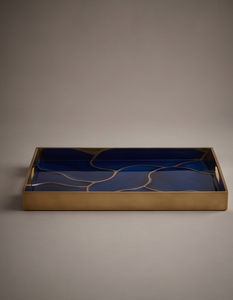 Plateau de service rectangulaire en métal émaillé bleu, motif agate veinée or, poignées découpées, pour table basse de salon, plat à nourriture - Product Image 3