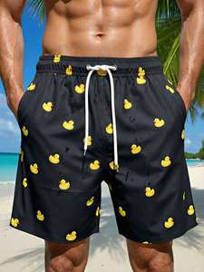 Bañador de verano negro para hombre con estampado de pato de dibujos animados, divertidos pantalones cortos de playa con cordón en la cintura y bolsillo, ropa de baño informal para vacaciones - Product Image 3