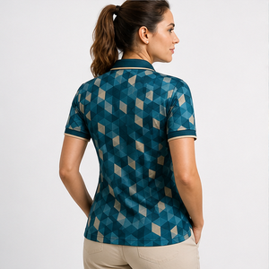 Polo de Manga Corta con Logotipo Personalizado para Mujer, Color Azul Verde Azulado, Diseño Geométrico de Cubos, Secado Rápido, Sublimación, Ropa Deportiva de Golf - Product Image 2
