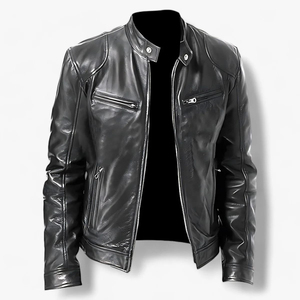Blouson moto en cuir noir pour homme, col montant, fermeture éclair sur le devant, coupe ajustée, couleur unie, manches classiques, style motard, pour l'automne - Product Image 3
