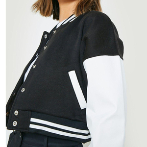 Wholesale High Quality Custom <b>Women's</b> Cropped Varsity <b>Jacket</b> Black and <b>White</b> Contrast Streetwear Snap Button OEM Design - Product Image 3