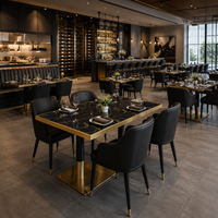 Ensemble de table à manger rectangulaire avec bordure dorée, plateau en marbre noir, fauteuils en cuir, banquette, restaurant, commercial, personnalisable, OEM