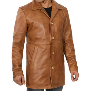 Chaquetas de cuero clásicas largas para hombre en color marrón con cierre de botones, ropa de invierno para hombre con calidad premium, elegantes y personalizadas. - Product Image 5