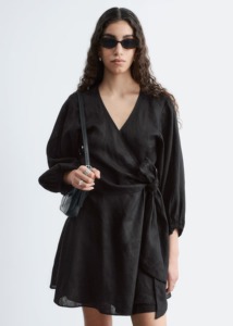 Robe courte en lin noir pour femme, col mandarin, manches longues, nouée sur le côté, décontractée, toutes saisons, éco-responsable, silhouette évasée - Product Image 4