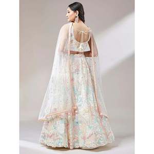 Off-White <b>Sequins</b> Soft Net Wedding Lehenga Choli for Women - Product Image 4