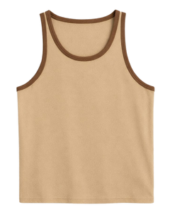 Débardeur beige personnalisé avec bordure contrastante marron, gilet sans manches en coton, col rond, décontracté d'été, singlet uni, fournisseur OEM - Product Image 1