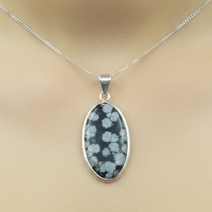 Colgante de Obsidiana Natural con Forma de Copo de Nieve, Plata de Ley 925, Cabujón Ovalado, Collar Chapado en Oro Rosa y Oro Amarillo, Joyería para Mujeres y Hombres - Product Image 2