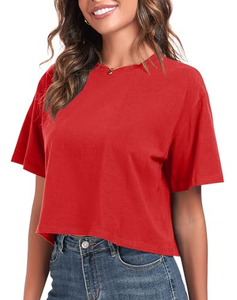 T-shirt court pour femme, couleur unie, manches courtes, col rond, coupe classique, décontracté, respirant, séchage rapide, tissu jersey 100% coton - Product Image 1
