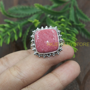 Natural Pink Rhodonite Gemstone Ring Handmade 925 Sterling Silver Vintage Boho Statement Jewelry Cushion Shape Gift for Unisex - Product Image 5
