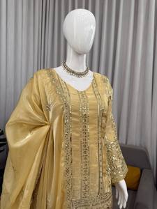 Vintage <b>Silk</b> Kurta Palazzo Set With Dupatta Sequin Embroidered Indian Pakistani Women Wedding Party Outfit - Product Image 4