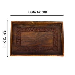Plateau de service en bois massif fait main avec motif floral sculpté à la main, disponible avec finition naturelle personnalisée, meilleur prix - Product Image 2