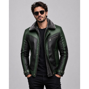 Veste de moto en cuir véritable pour homme, couleur verte et noire, avec doublure en fausse fourrure, fermeture éclair, style motard d'hiver - Product Image 1
