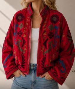 Red Embroidered <b>Mandarin</b> <b>Collar</b> <b>Jacket</b> Women's Boxy Fit Floral Pattern Open Closure Autumn Outerwear Woven Velvet Coat - Product Image 3