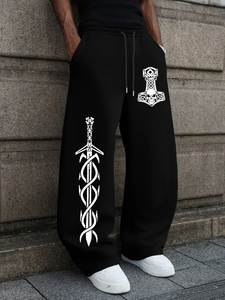 Pantalones Deportivos Negros para Hombre, Estampado de Espada y Calavera, Cintura Elástica con Cordón, Estilo Casual Urbano, Tejido Medio, 100% Algodón - Product Image 1