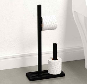 Porte-papier toilette sur pied en fer avec étagère supérieure en bois pour le rangement de la salle de bain et une touche décorative - Product Image 5