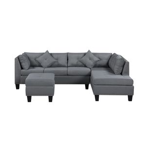 Divano imbottito grigio da 265,5 cm con chaise longue e pouf per soggiorno - Product Image 4