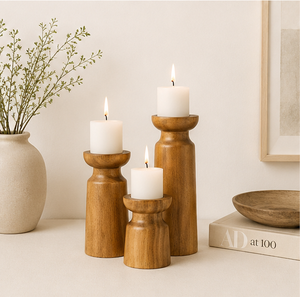 Handcrafted Natural Solid Wood Pillar Candle Holder Set Of 3 Rustic Farmhouse Style Decorative Candlestick <b>Stands</b> For Wedding - Product Image 2
