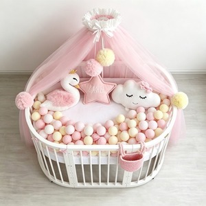 <b>Pink</b> Tulle Dome <b>Bed</b> <b>Canopy</b> With Pom Poms For Baby Crib Decor Circular Shape All Season Use - Product Image 2