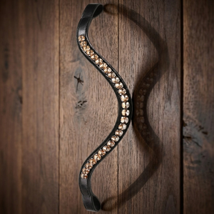 Diadema para caballo de cuero premium negro con cristales redondos de alta gama, incrustaciones de mega brillo y canal vacío, disponible en todos los tamaños y formas personalizadas. - Product Image 3