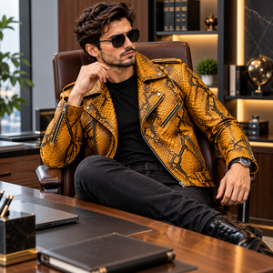 Mens Mustard Yellow Embossed Genuine Leather <b>Biker</b>/Motorcycle <b>Jacket</b> with Zipper Pockets Breathable Winter Wear - Product Image 6
