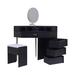 Ensemble de table de maquillage noire avec tabouret, miroir éclairé tricolore amovible, quatre tiroirs avec prises - Product Image 3