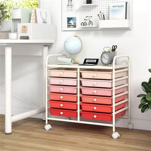 Carrello Portaoggetti a 12 Cassetti, 2 File, 10 Livelli, Cassetti Multicolore, 4 Ruote (2 con Freno), Telaio Bianco, Design Rosa Staccabile per Alimenti - Product Image 6