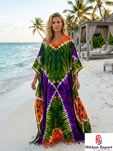 Vestido Kaftán Bohemio Tie Dye para Mujer, Holgado, Largo hasta el Tobillo, Manga Corta, para Playa, Verano, Chifón Viscosa, Cuello Redondo, OEM ODM - Product Image 6