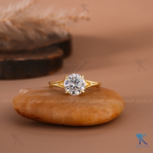 Anillo de compromiso solitario con diamante redondo cultivado en laboratorio E VVS2, oro amarillo macizo, tallo dividido de 4 puntas, CVD HPHT, joyería nupcial para mujer - Product Image 1