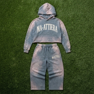 Custom Women Acid Wash Blue Gray <b>Cropped</b> Hoodie Wide Leg <b>Jogger</b> Set Cotton Fleece Rhinestone Tracksuit OEM Wholesale - Product Image 6