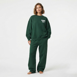 Ensemble jogging en molleton de coton vert pour femmes, 2 pièces, col rond, coupe ample, vêtements décontractés pour toutes les saisons - Product Image 1