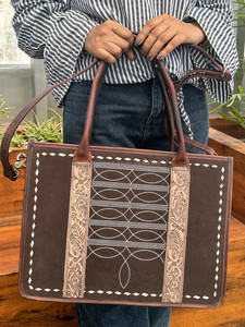 Western Hand Tooled Brown Suede Leather Boot Stitch Tote Bag <b>Concealed</b> Carry Laptop Bag Premium Genuine Leather Purse for Women - Product Image 3