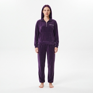 Ensemble de survêtement en velours pour femme, deux pièces, violet, avec pull à quart de zip et pantalon large, tenue décontractée d'hiver - Product Image 5
